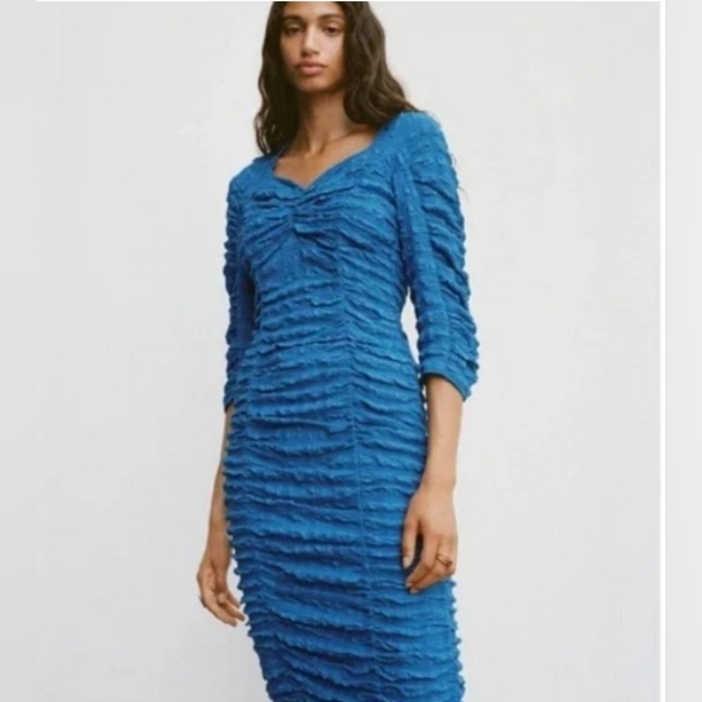 Zara blue textured long sleeve midi dress Sz L
